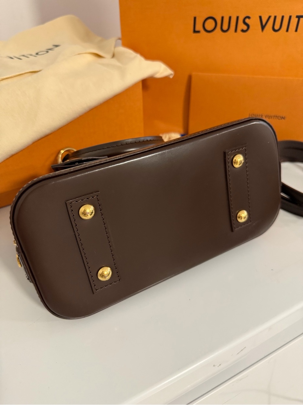 Louis Vuitton Damier Ebene Alma BB Satchel - Dark Brown & Gold - Picture 9 of 10